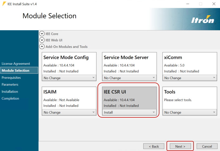 The IEE CSR UI option on the Module Selection screen.